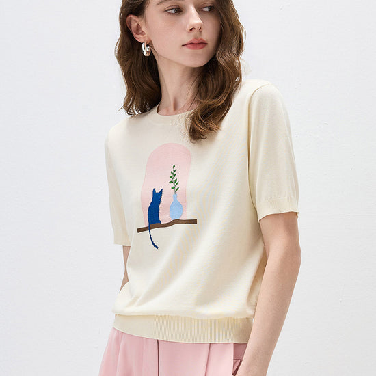 COMOBOCA Women's Ribbed Intarsia Knit T-Shirt