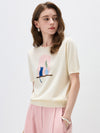 COMOBOCA Women's Ribbed Intarsia Knit T-Shirt