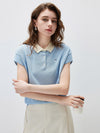 Women’s Mulberry Silk Knit Polo T-Shirt with Contrast Striped