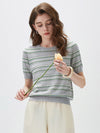 Women's Silk-Cotton Jacquard Stripe Knit Crew Neck Short Sleeve T-Shirt
