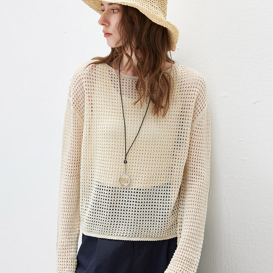 COMOBOCA Women's Sheer Mesh Knit Overpull Top