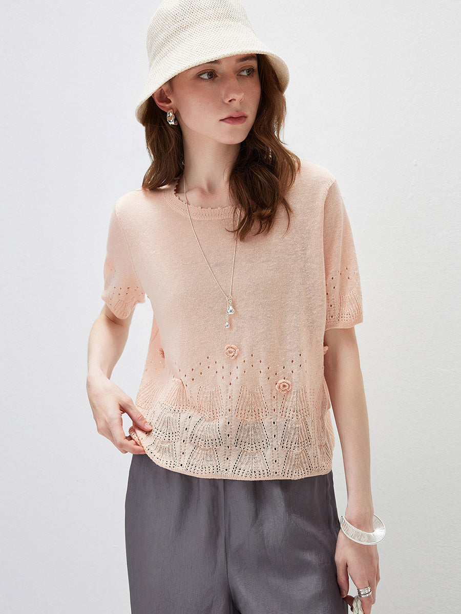 COMOBOCA Women's Sheer Openwork Knit T-Shirt