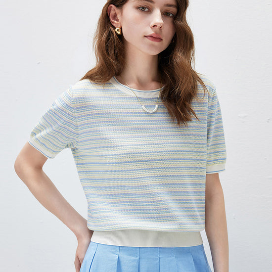 COMOBOCA Women's Pastel Marled Stripe Openwork Knit T-Shirt
