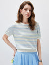 COMOBOCA Women's Pastel Marled Stripe Openwork Knit T-Shirt