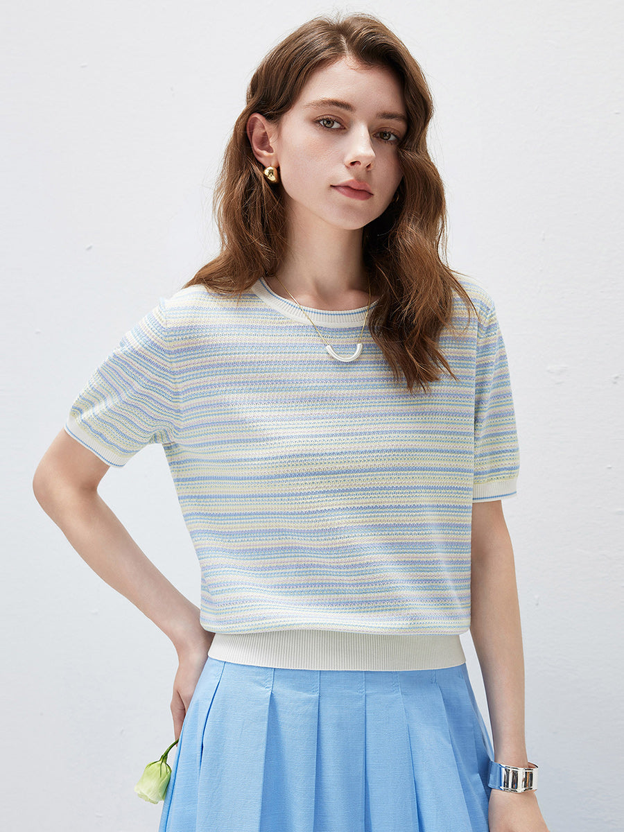 COMOBOCA Women's Pastel Marled Stripe Openwork Knit T-Shirt