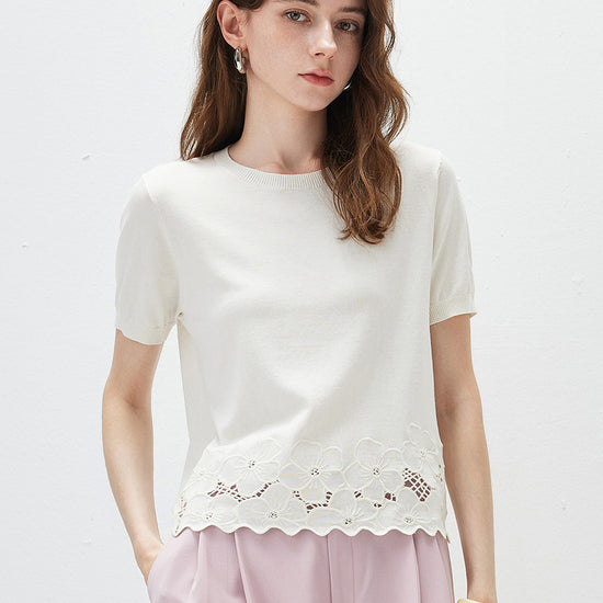 COMOBOCA Cloudy Women's Floral Lace Trim Knit T-Shirt