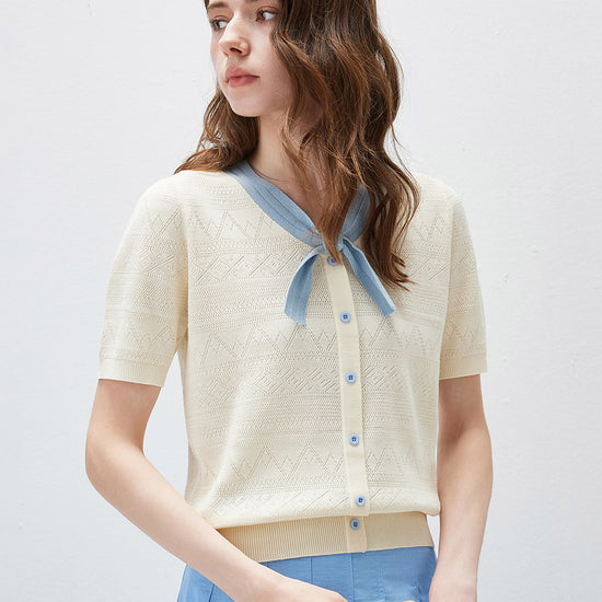 COMOBOCA Women's Bow Knit Short Sleeve Faux Cardigan