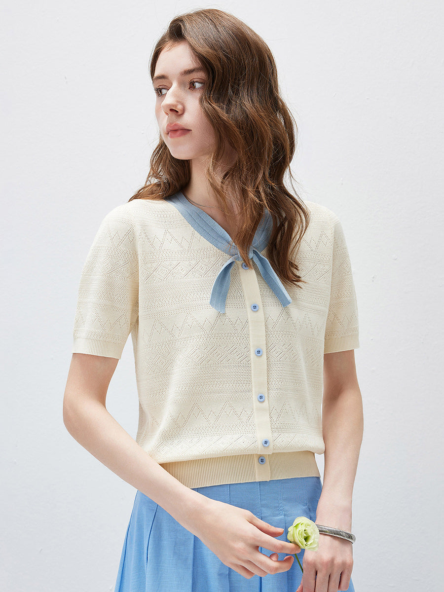 COMOBOCA Women's Bow Knit Short Sleeve Faux Cardigan