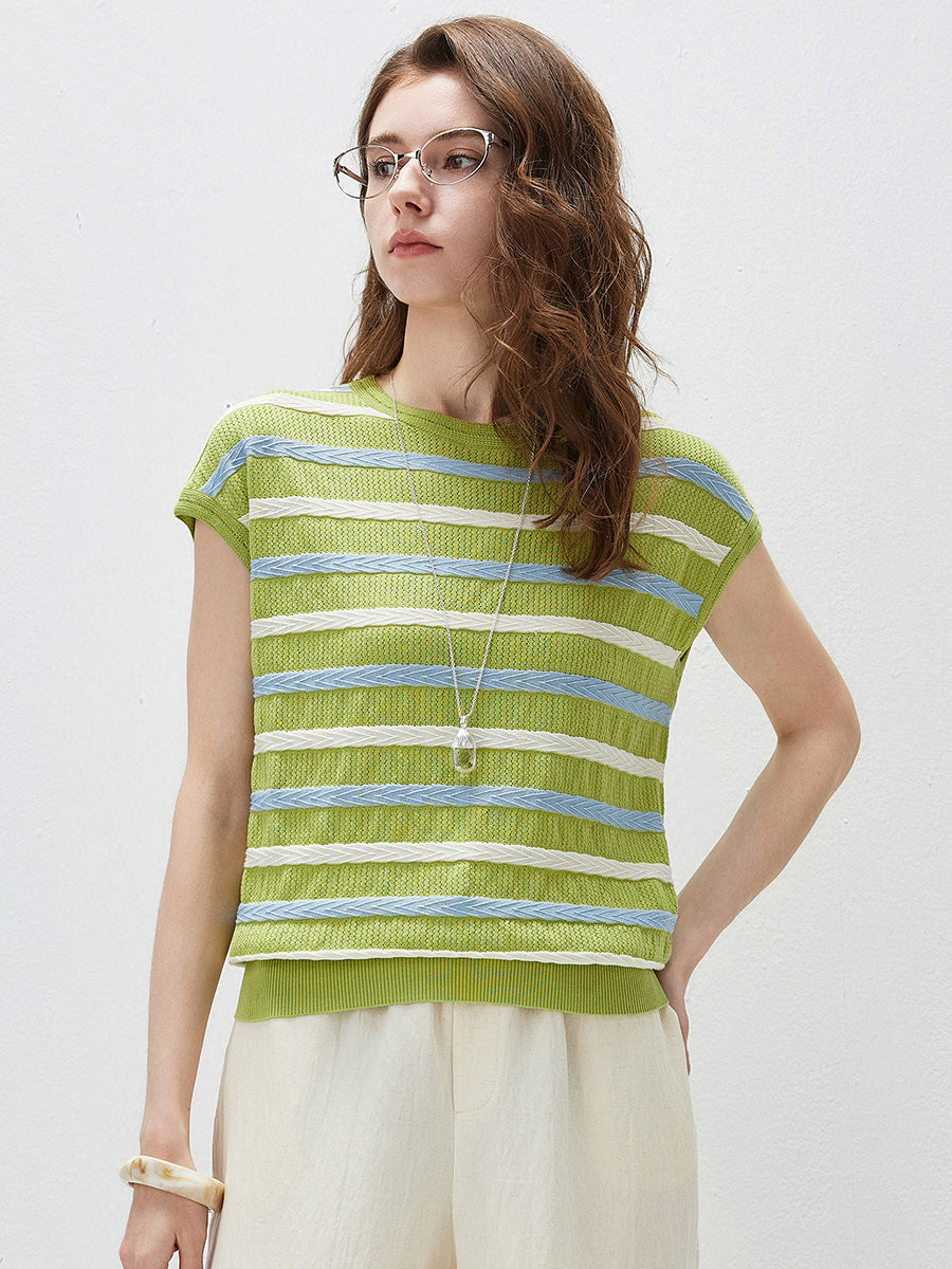 COMOBOCA Women's Striped Knit Cap Sleeve T-Shirt