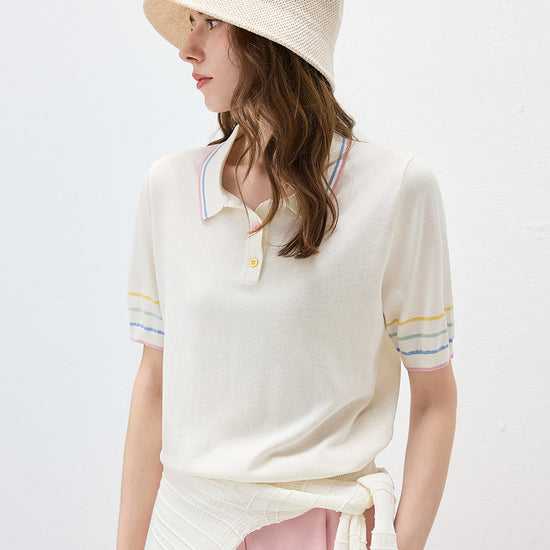 COMOBOCA Women's Knit Polo Top with Rainbow Stripes