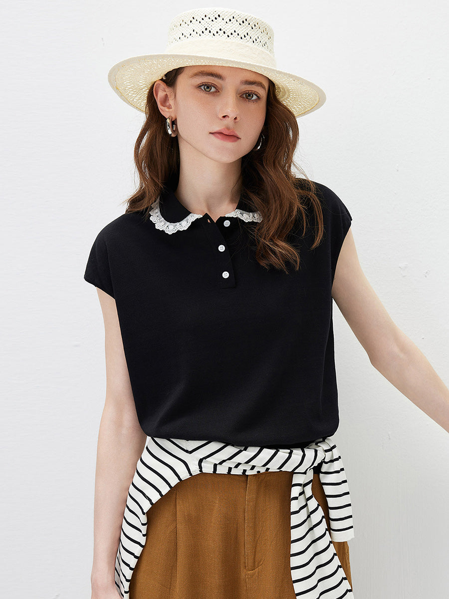 COMOBOCA Women's Lace Trim Collar Knit Polo T-Shirt