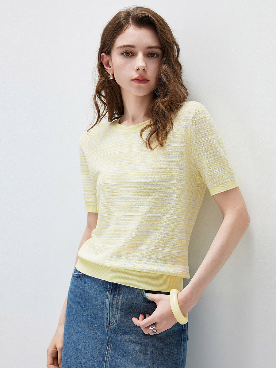 COMOBOCA Women's Ribbed Fine Stripe Knit T-Shirt