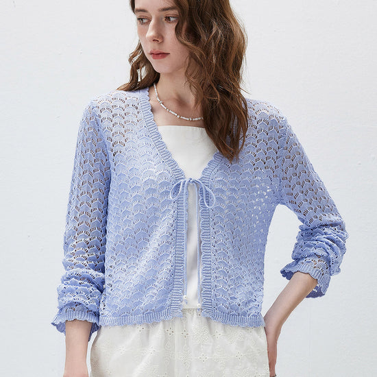 COMOBOCA Women's Linen Lace Knit Tie Front Cardigan