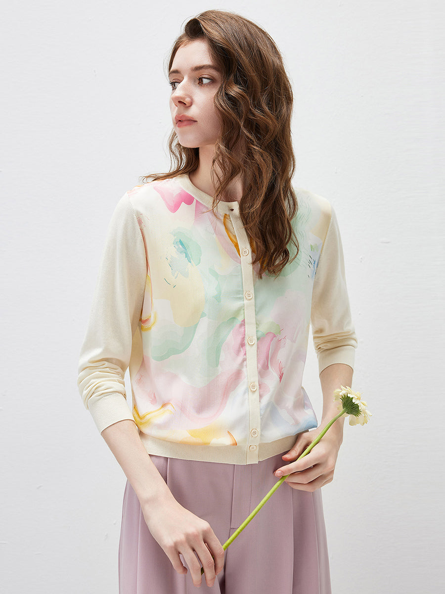 COMOBOCA Women's Floral Print Panel Knit Cardigan