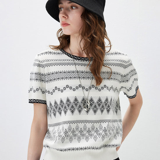 COMOBOCA Geometric Women's Fair Isle Geometric Stripe Knit T-Shirt