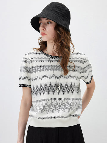 COMOBOCA Geometric Women's Fair Isle Geometric Stripe Knit T-Shirt