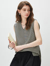 Women's V-neck Mulberry Silk Cotton Plaid Sleeveless Vest With Side Slit