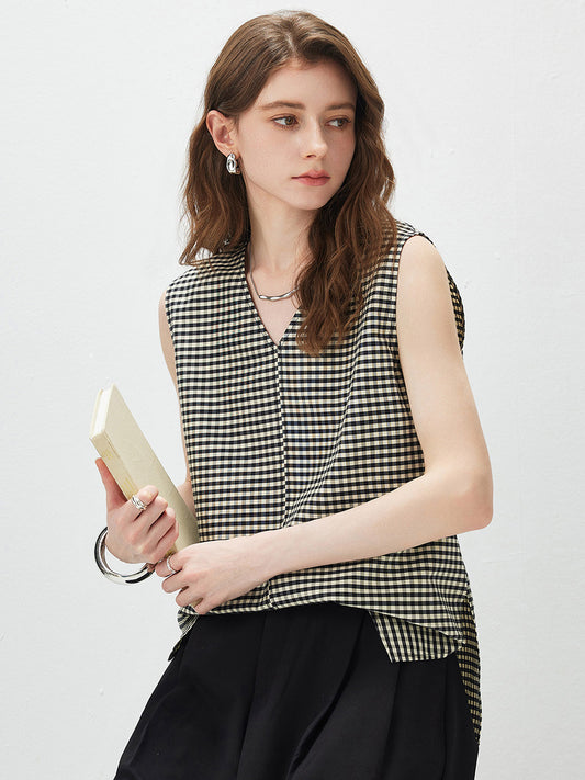 Women's V-neck Mulberry Silk Cotton Plaid Sleeveless Vest With Side Slit