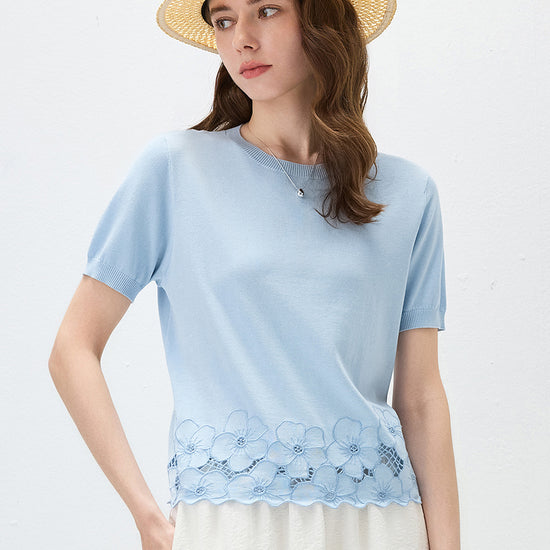 COMOBOCA Women's Floral Lace Trim Knit T-Shirt