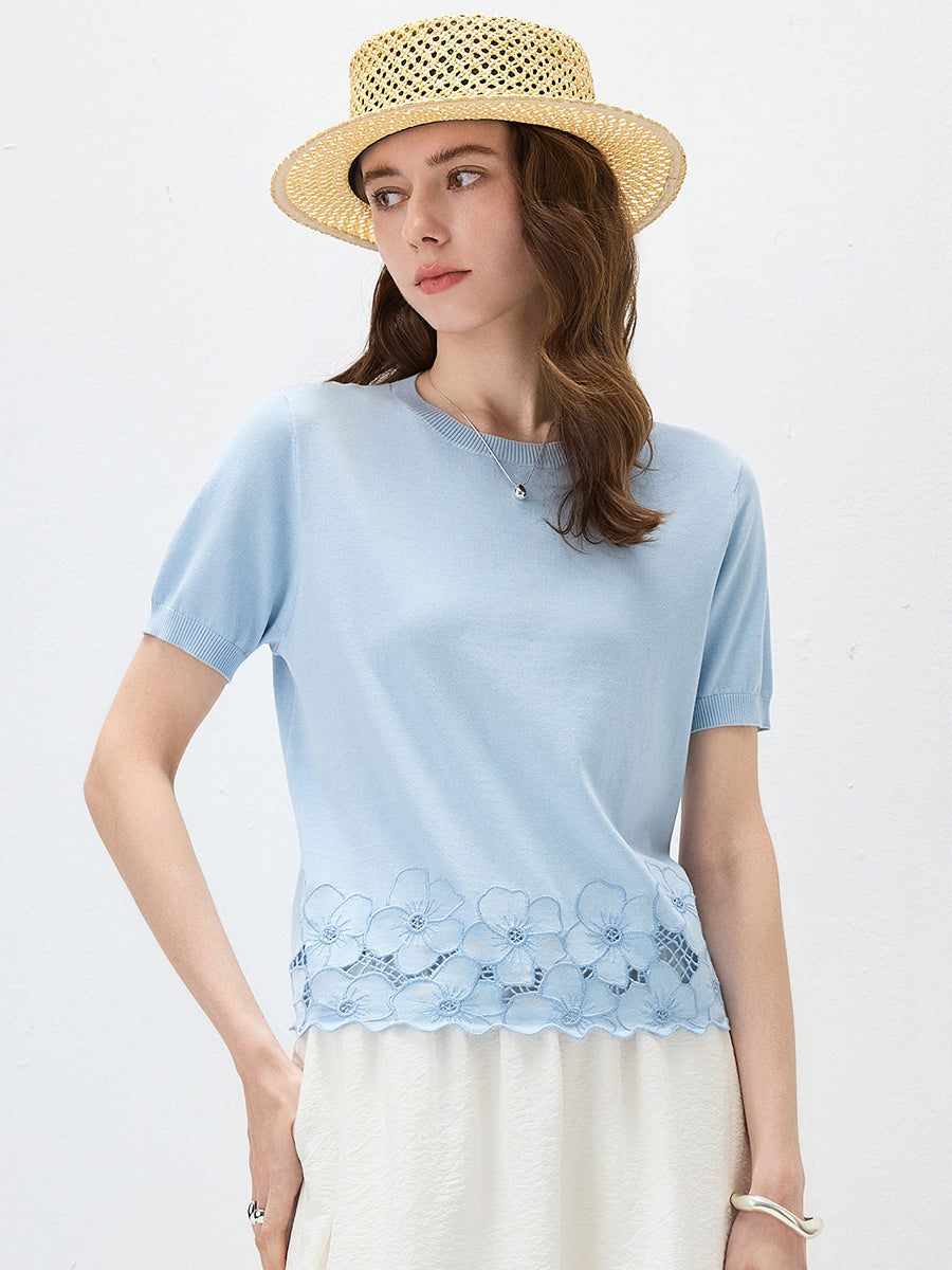 COMOBOCA Women's Floral Lace Trim Knit T-Shirt