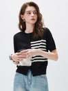 Women’s Round Neck Mulberry Silk Blend Contrast Color Striped Knitted Cardigan