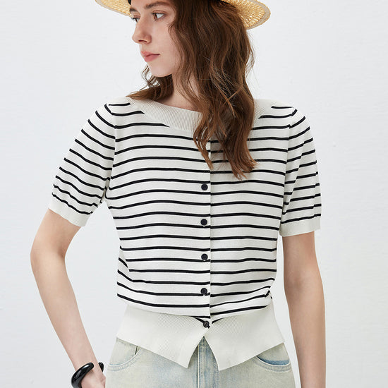 COMOBOCA Women's Striped Short Sleeve Knit Cardigan