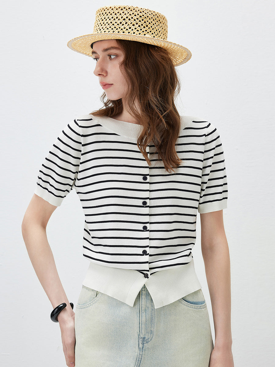 COMOBOCA Women's Striped Short Sleeve Knit Cardigan