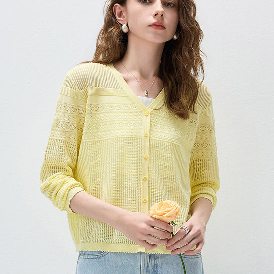 COMOBOCA Women's Pointelle Knit V-Neck Cardigan