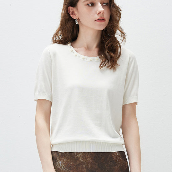 COMOBOCA Women's Rhinestone Trim Knit T-Shirt