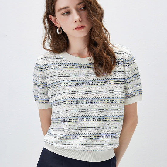 COMOBOCA Women's Fair Isle Semi Sheer Knit T-Shirt