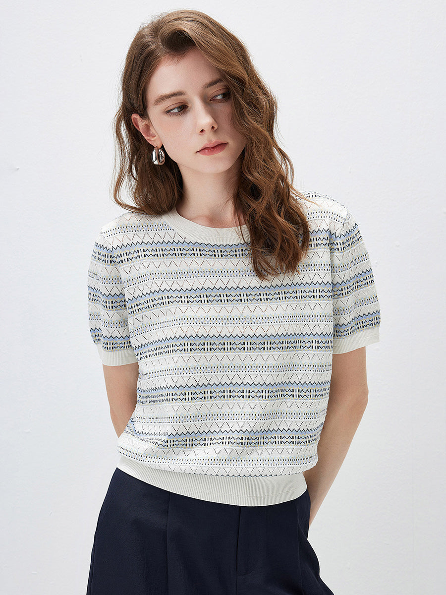 COMOBOCA Women's Fair Isle Semi Sheer Knit T-Shirt