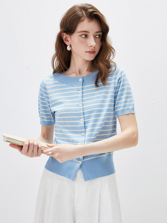 COMOBOCA Light Blue Women's Striped Short Sleeve Knit Cardigan