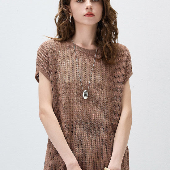 COMOBOCA Brown Women's Openwork Side Slit Knit Top