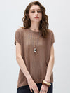 COMOBOCA Brown Women's Openwork Side Slit Knit Top