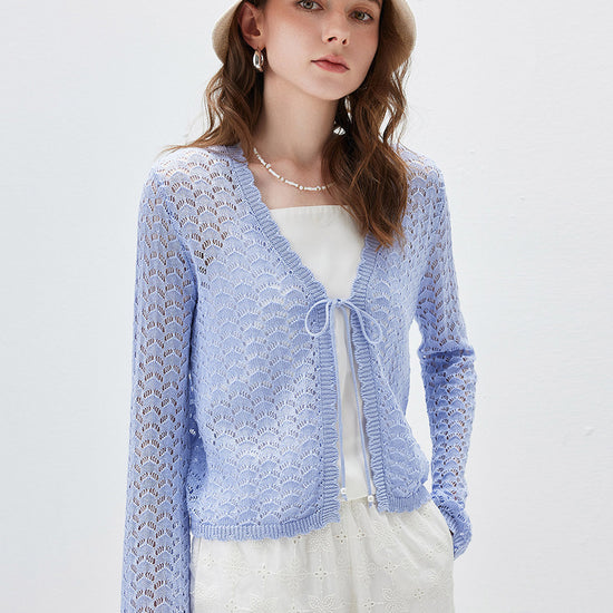 COMOBOCA Women's Linen Lace Knit Tie Front Cardigan