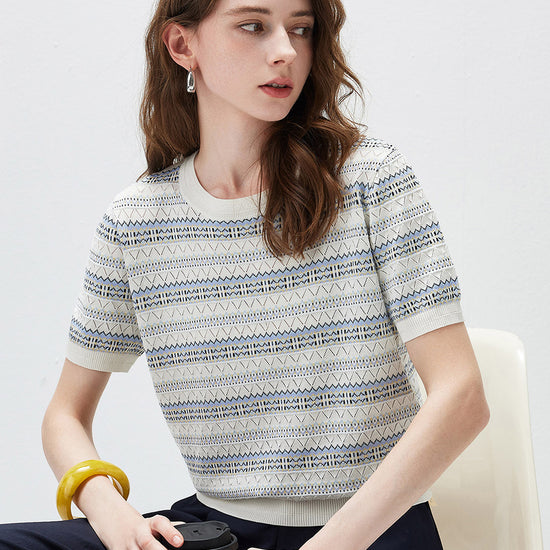 COMOBOCA Women's Fair Isle Semi Sheer Knit T-Shirt