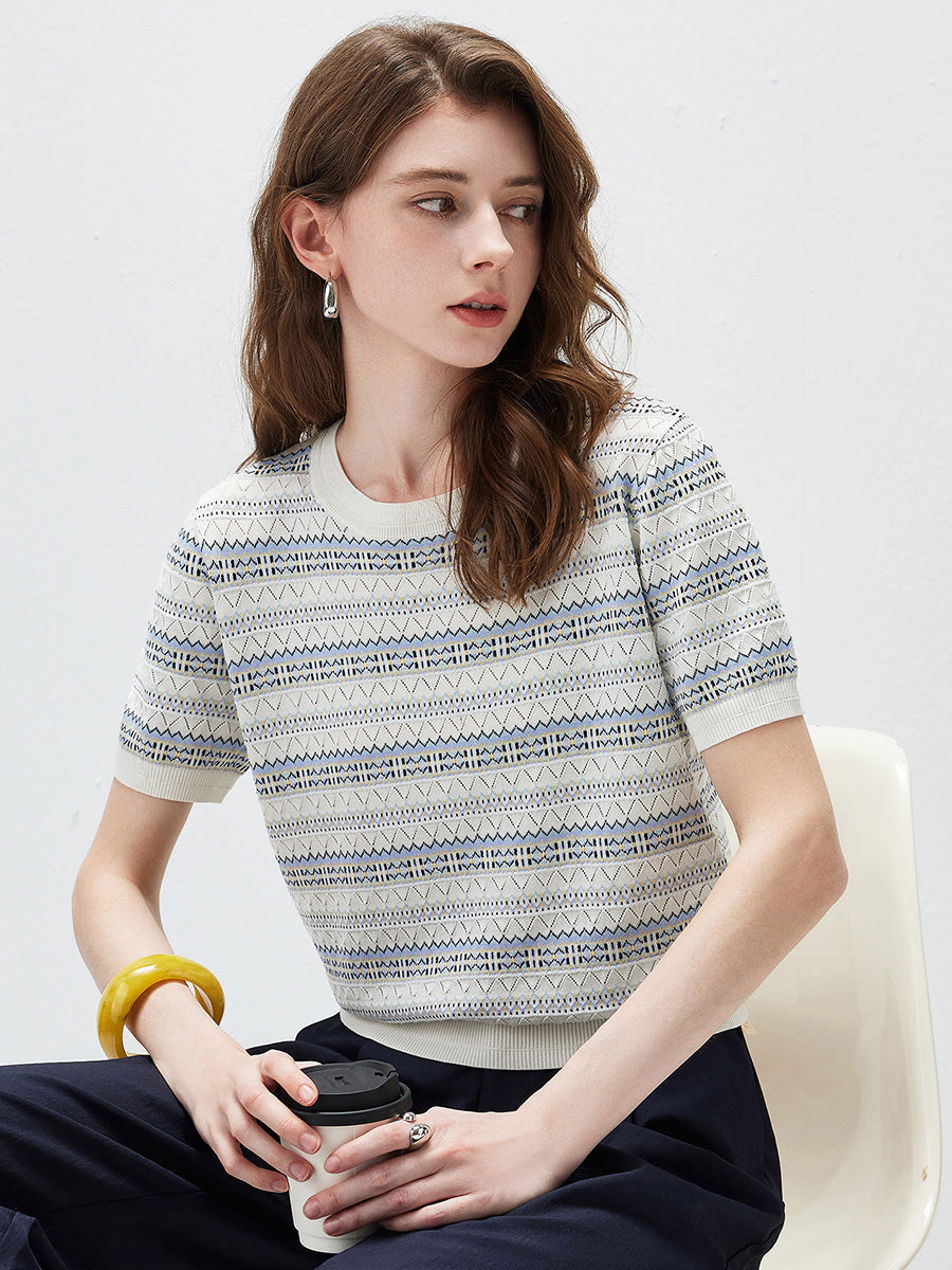 COMOBOCA Women's Fair Isle Semi Sheer Knit T-Shirt