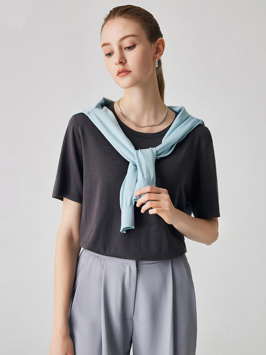 COMOBOCA Gray Women's Essential Round Neck Knit T-Shirt