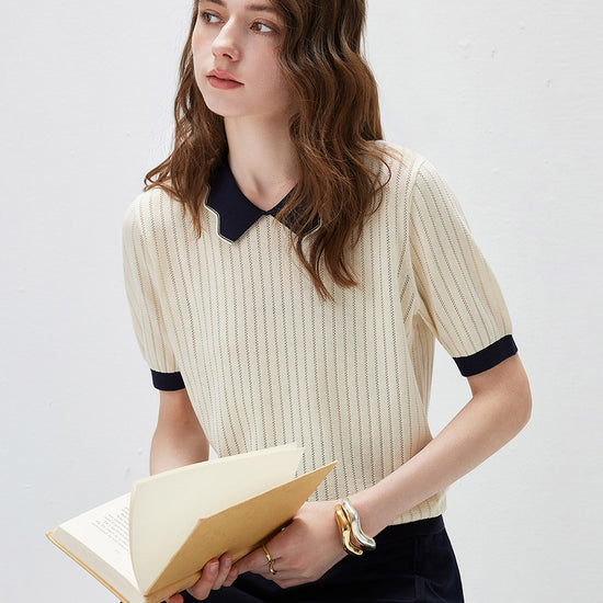 COMOBOCA Women's Scalloped Contrast Collar Openwork Knit Sweater