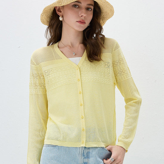 COMOBOCA Yellow Women's Pointelle Knit V-Neck Cardigan