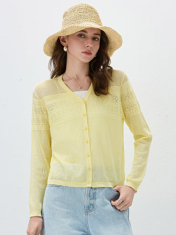 COMOBOCA Yellow Women's Pointelle Knit V-Neck Cardigan