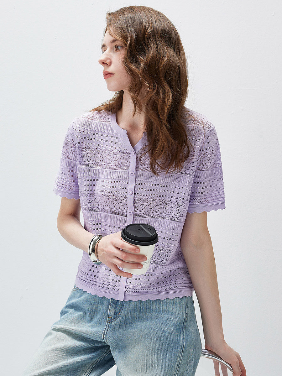 COMOBOCA Women's Scalloped Hem Openwork Knit Cardigan