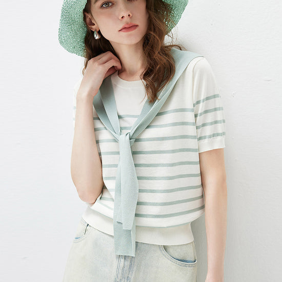 COMOBOCA Women's Striped Knit T-Shirt with Attached Shawl