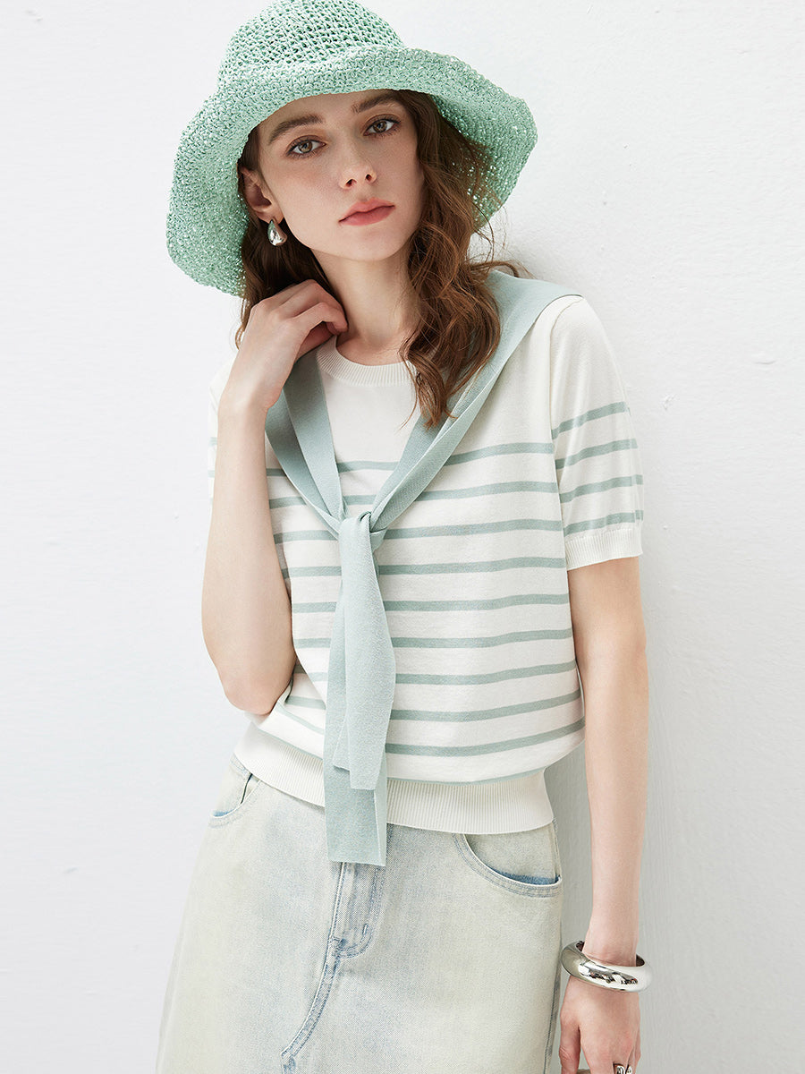 COMOBOCA Women's Striped Knit T-Shirt with Attached Shawl