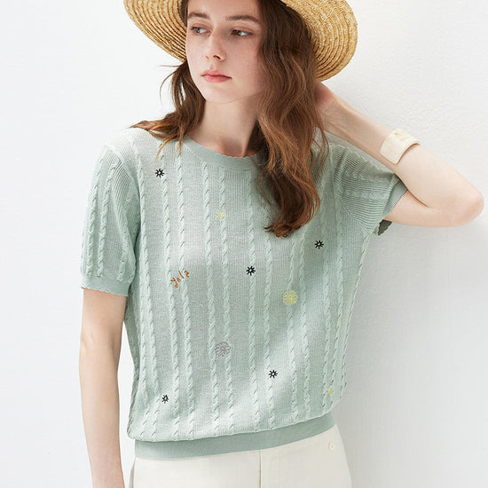 COMOBOCA Women's Cable Knit Embroidered Sweater