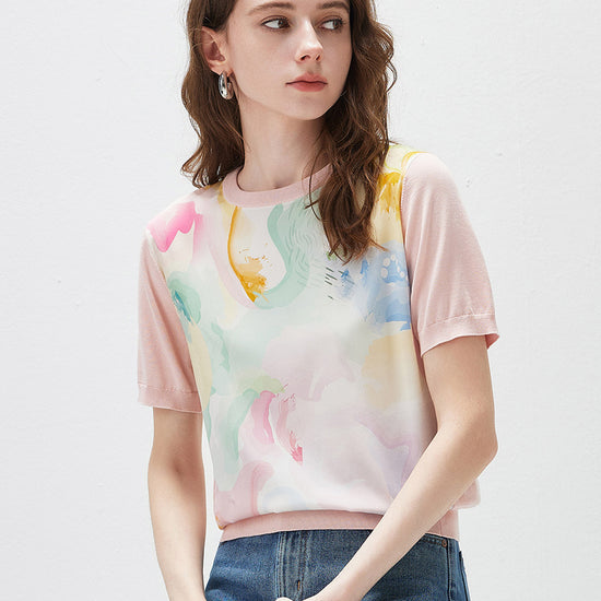 COMOBOCA Women's Floral Print Panel Knit T-Shirt