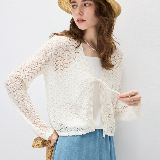COMOBOCA Women's Linen Lace Knit Tie Front Cardigan