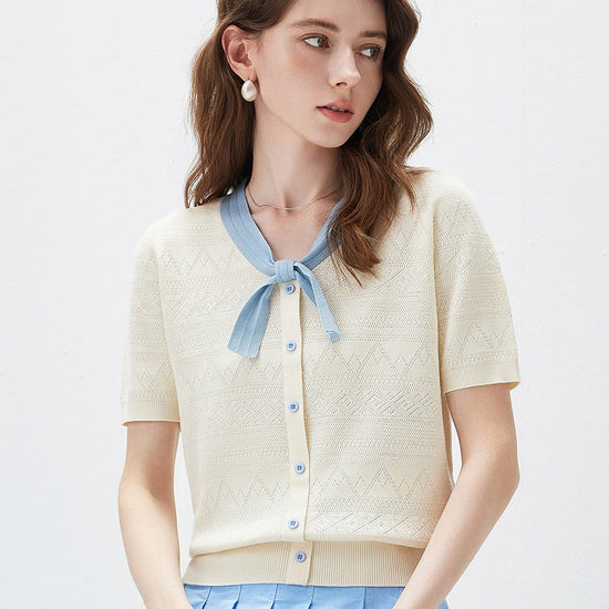 COMOBOCA Women's Bow Knit Short Sleeve Faux Cardigan