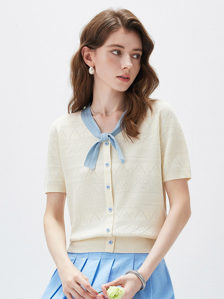 COMOBOCA Women's Bow Knit Short Sleeve Faux Cardigan