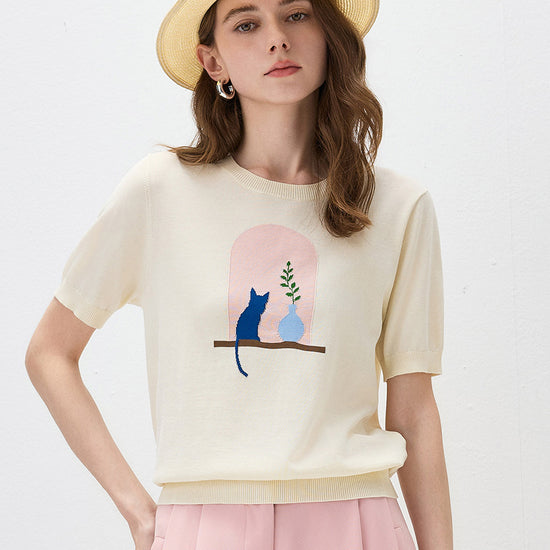 COMOBOCA Cream Women's Ribbed Intarsia Knit T-Shirt